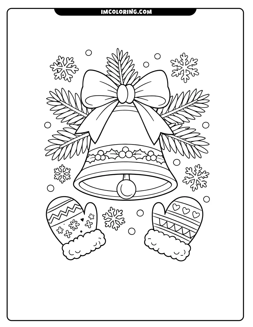 Kawaii style Christmas bell decorated with a bow and winter mittens coloring picture