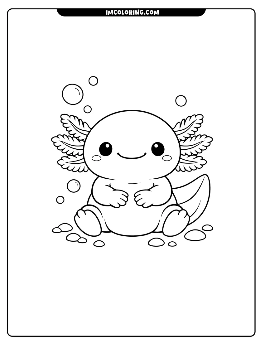 Chubby axolotl sitting on the sea floor coloring page for preschoolers