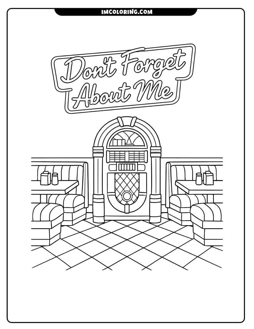 Simple line drawing of 80S diner interior with booths and jukebox