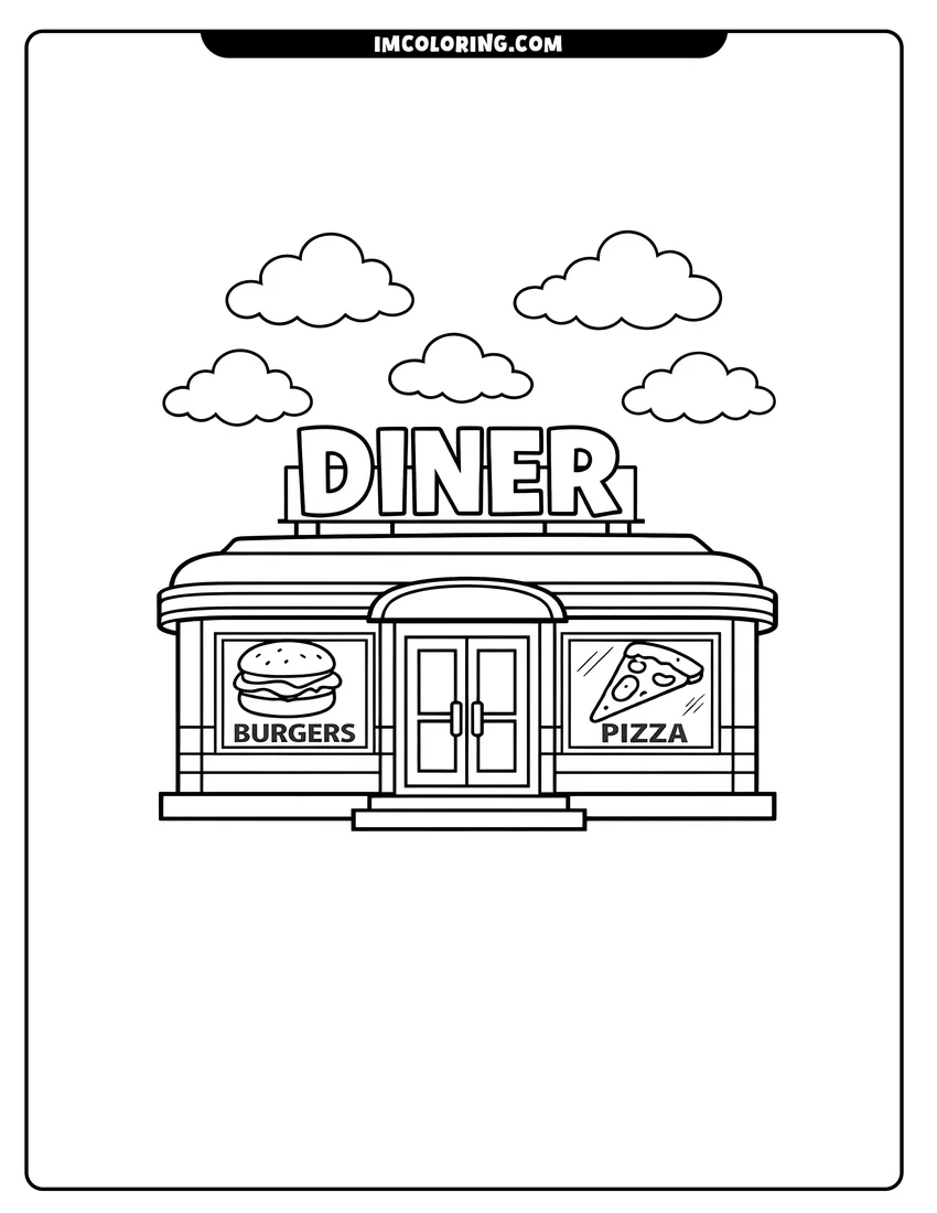 Simple line drawing of 80S retro diner building with signs