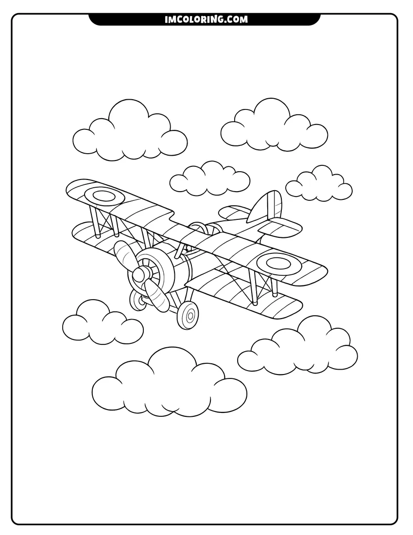 Detailed Classic WWI biplane fighter airplane in the sky design for coloring