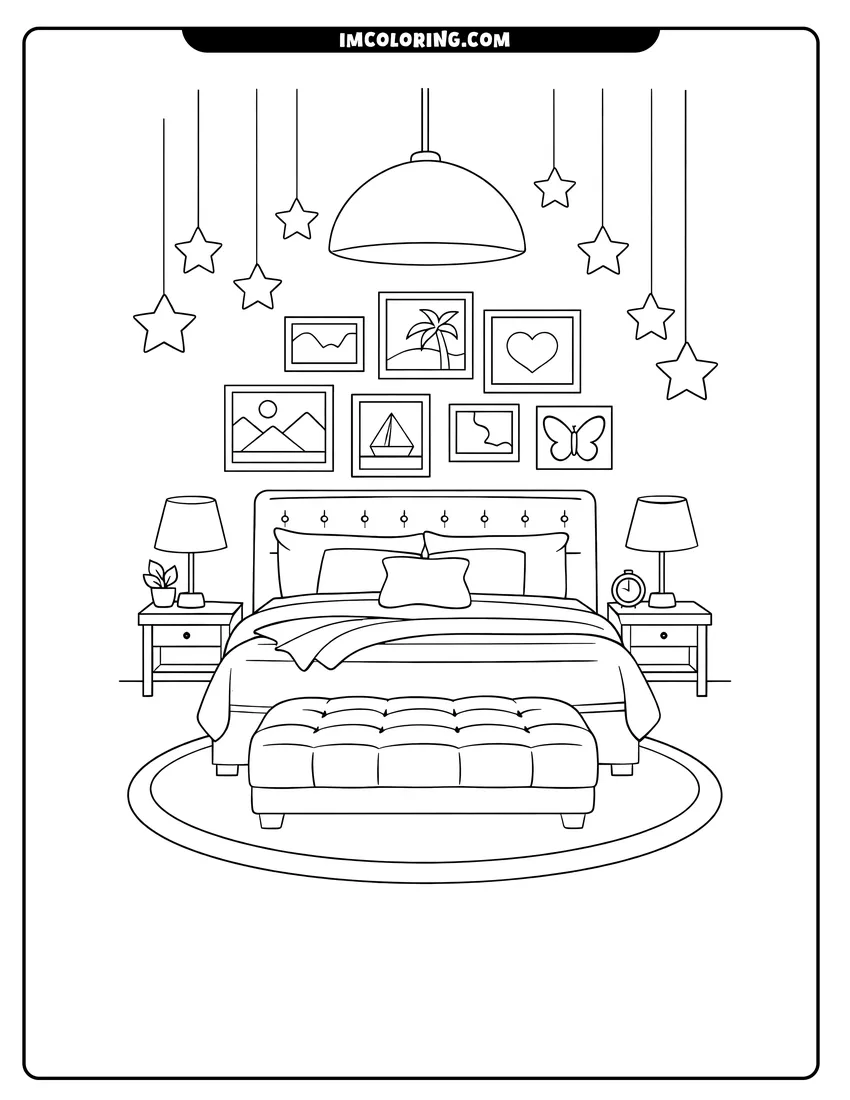 Outline of Classy bedroom with ottoman and hanging star lights on a white background