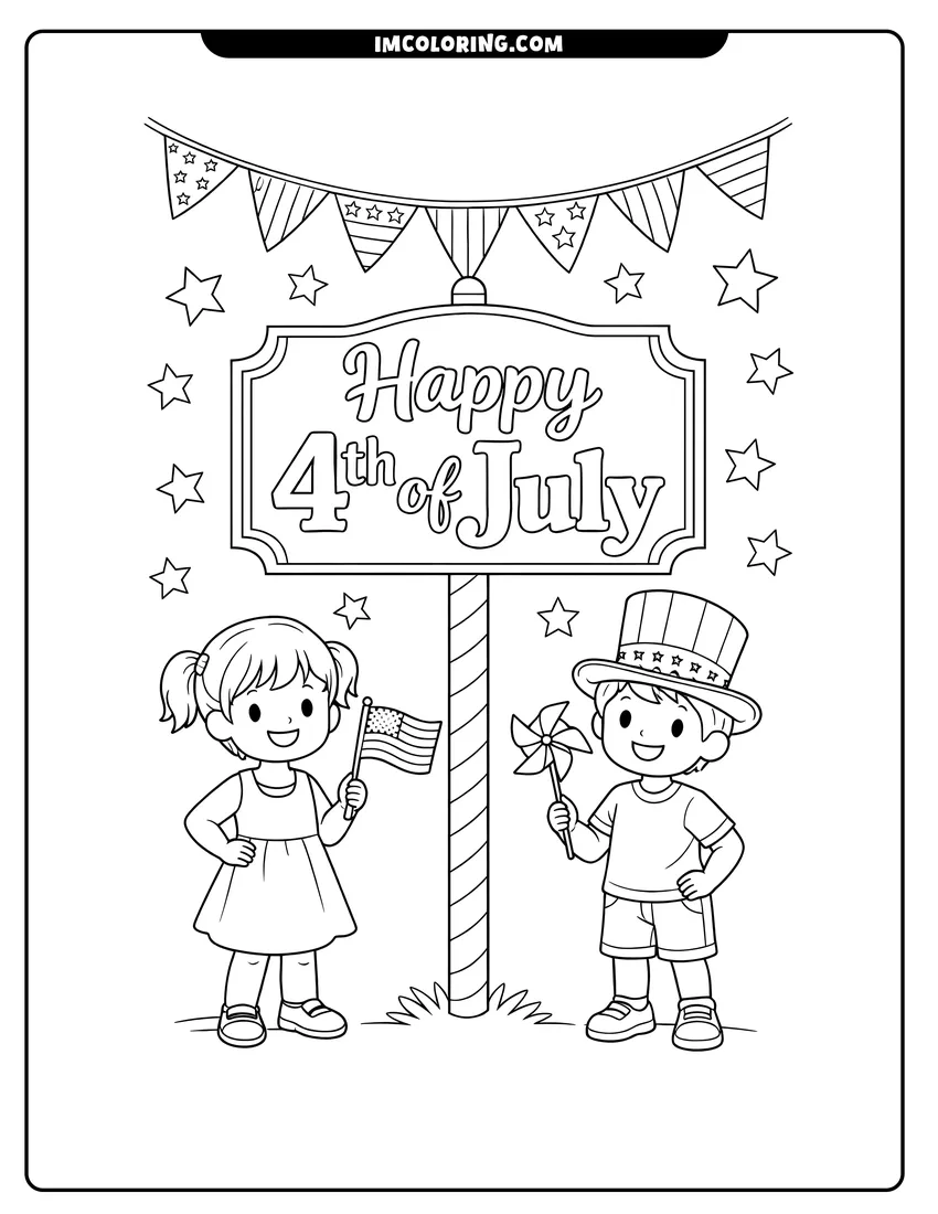 Printable coloring page featuring Happy 4th of July sign with bunting flags