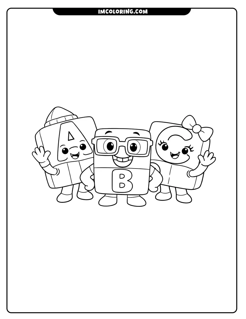 Line art depicting Alphablocks A, B, and C posing together