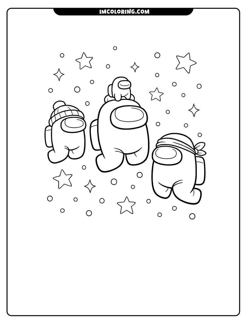 Printable outline of Three Among Us crewmates floating through space
