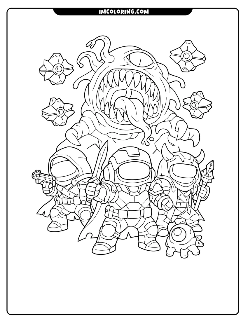 Printable coloring page featuring Among Us crewmates in Destiny 2 armor battling monster
