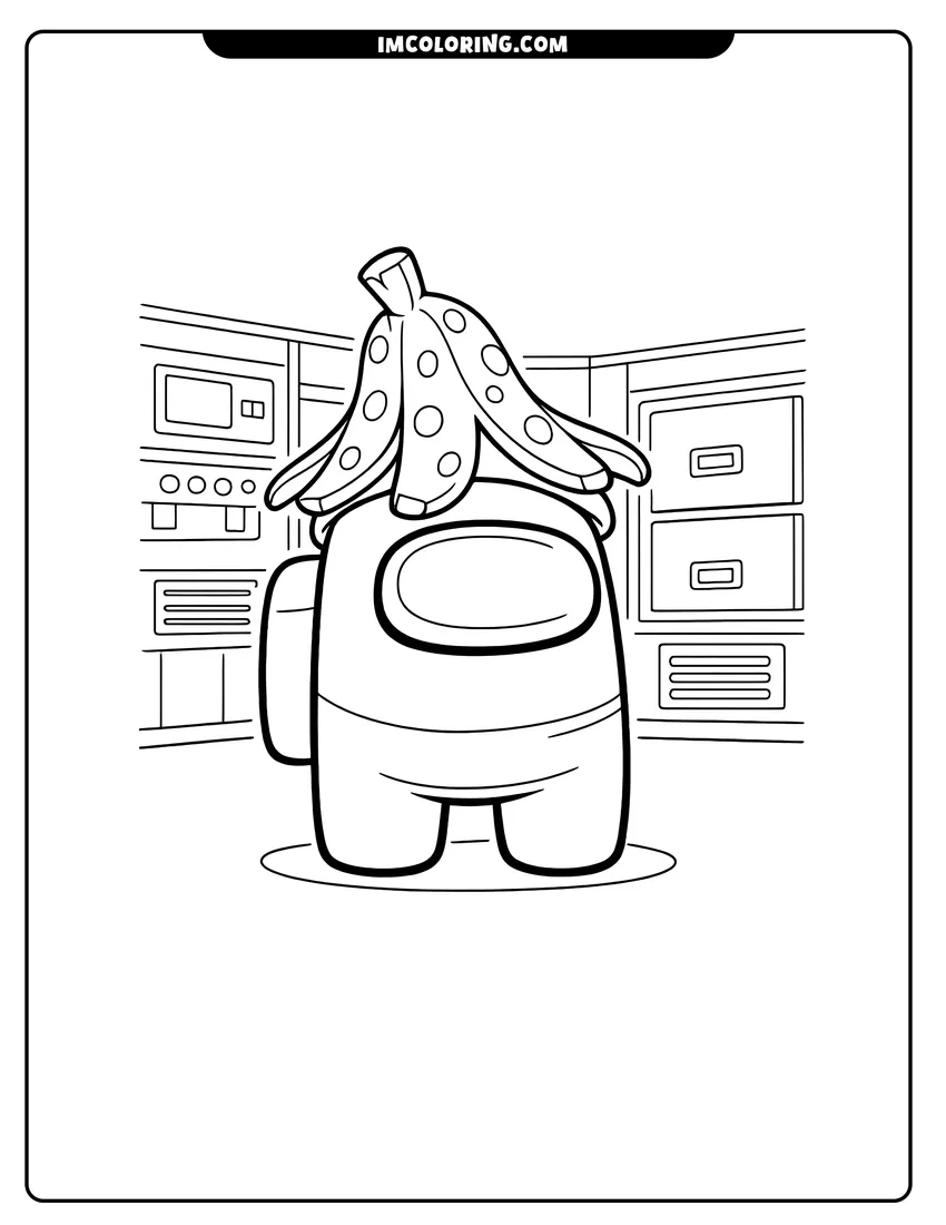 Illustration of Among Us crewmate wearing a banana peel hat ready for painting
