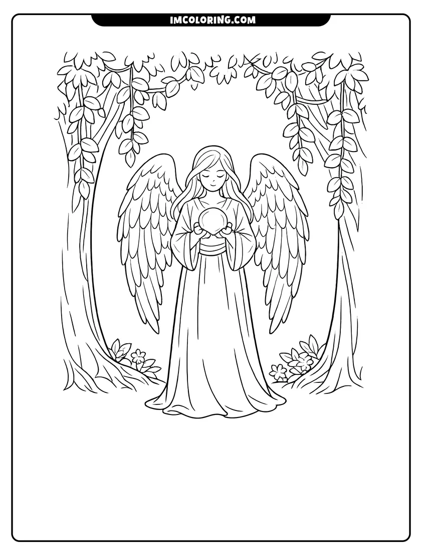 Coloring sheet of Angel holding a glowing light orb in a forest for kids