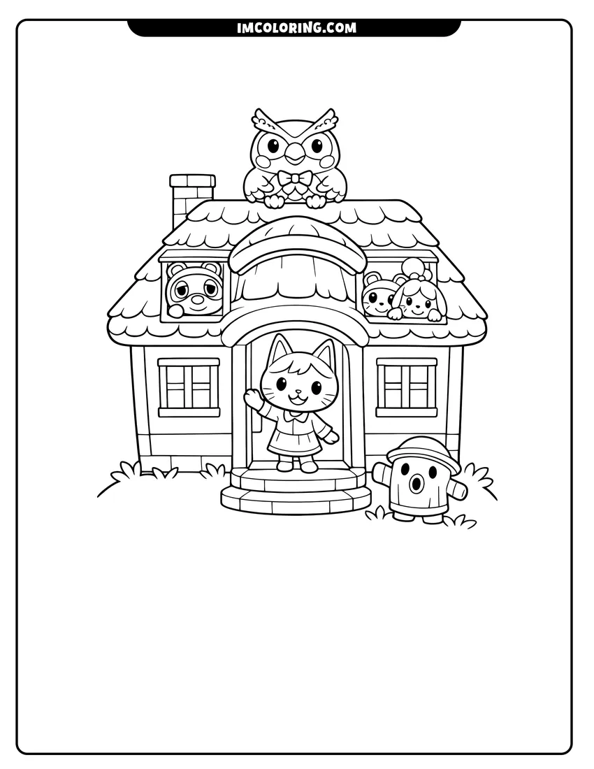 Line art depicting Cozy house with Blathers on roof and villagers