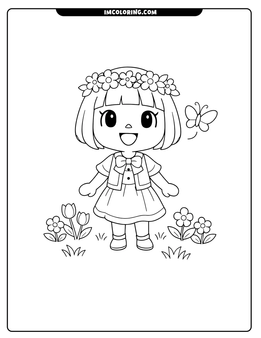 Kids activity sheet showing Villager with bob haircut wearing a flower crown