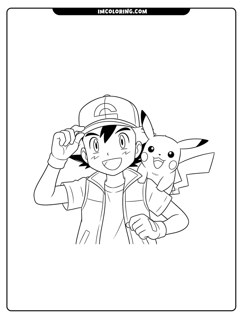 Printable coloring page featuring Ash Ketchum tipping his hat with Pikachu