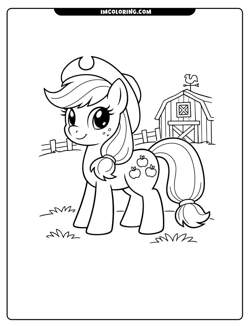 Simple sketch of Baby Applejack standing in front of a wooden barn for children