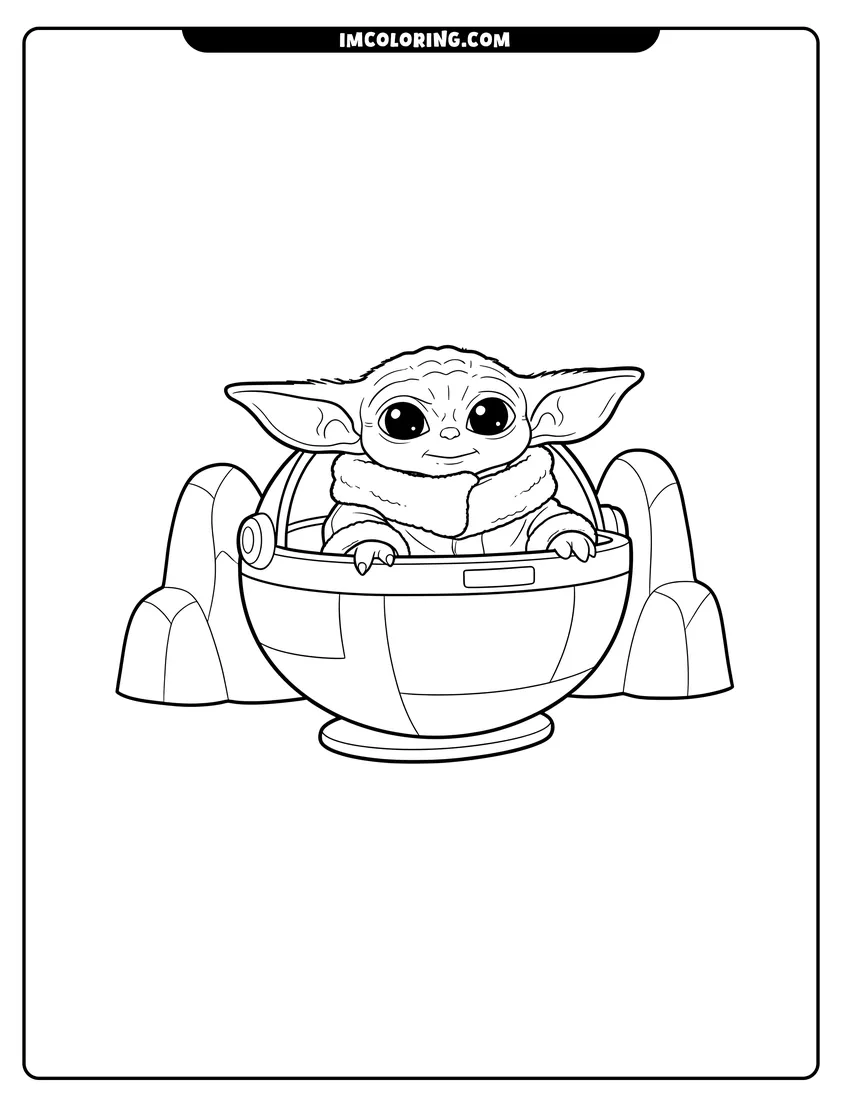 Coloring sheet of Baby Yoda sitting inside his hovering pram for kids