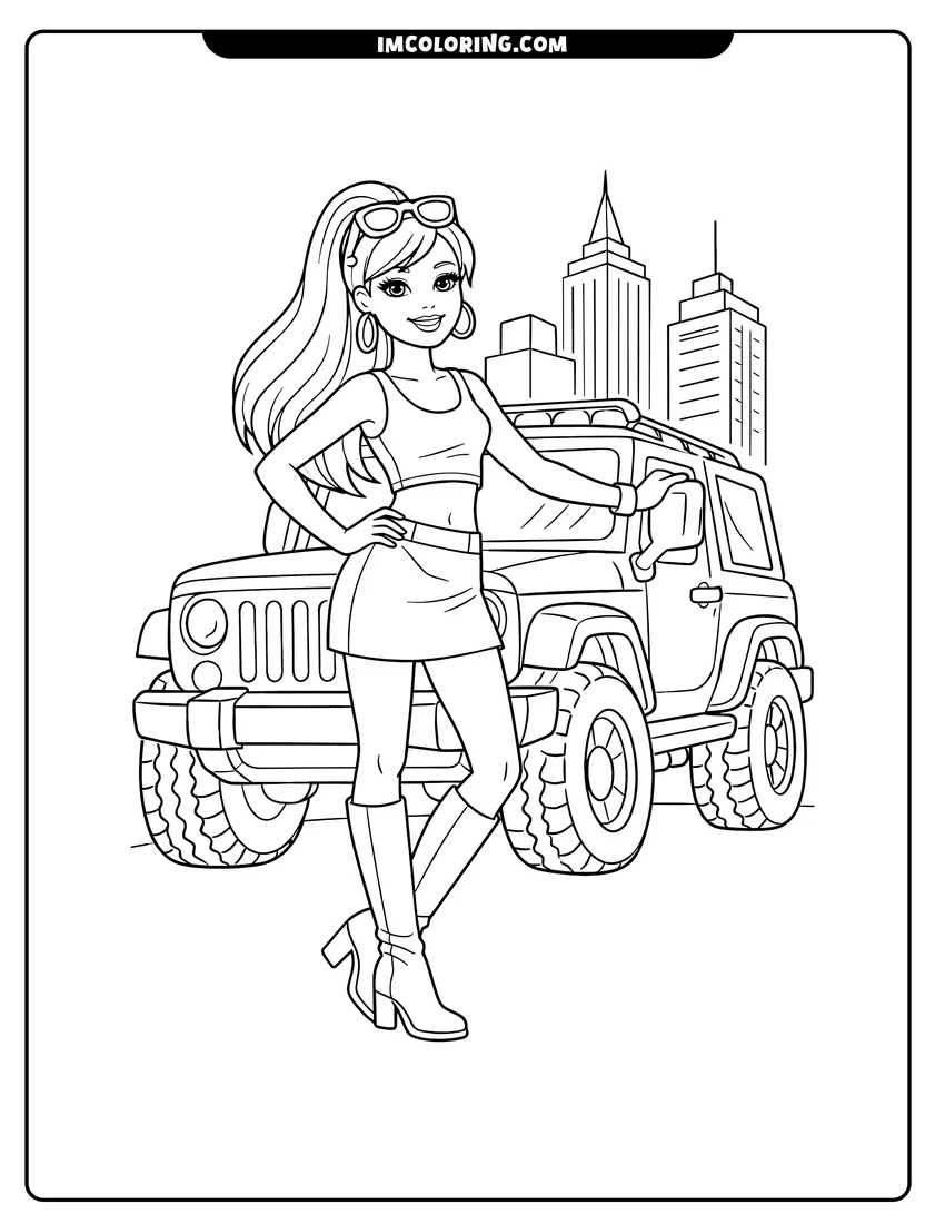 Coloring sheet of Barbie posing next to her SUV in the city for kids