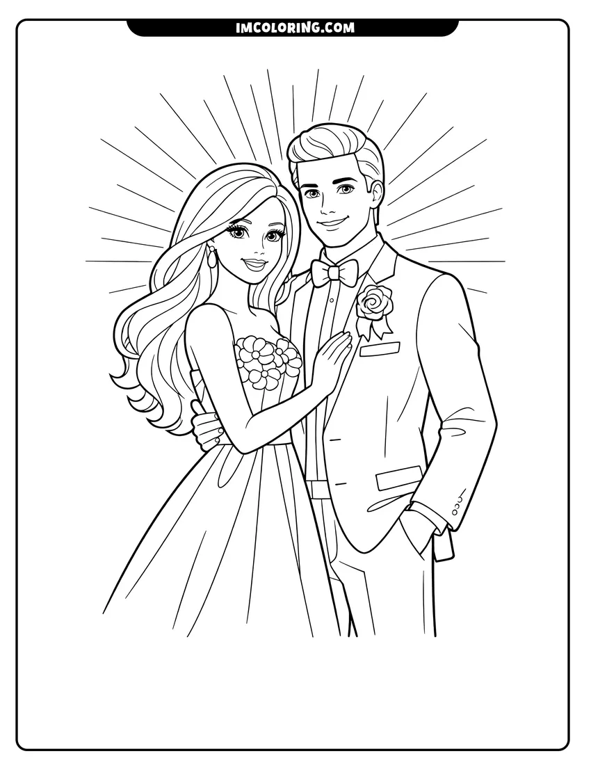Outline of Barbie and Ken posing in formal wear on a white background