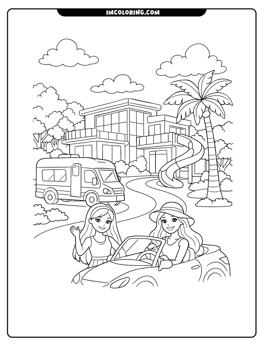 Line art depicting Modern mansion with a slide and van