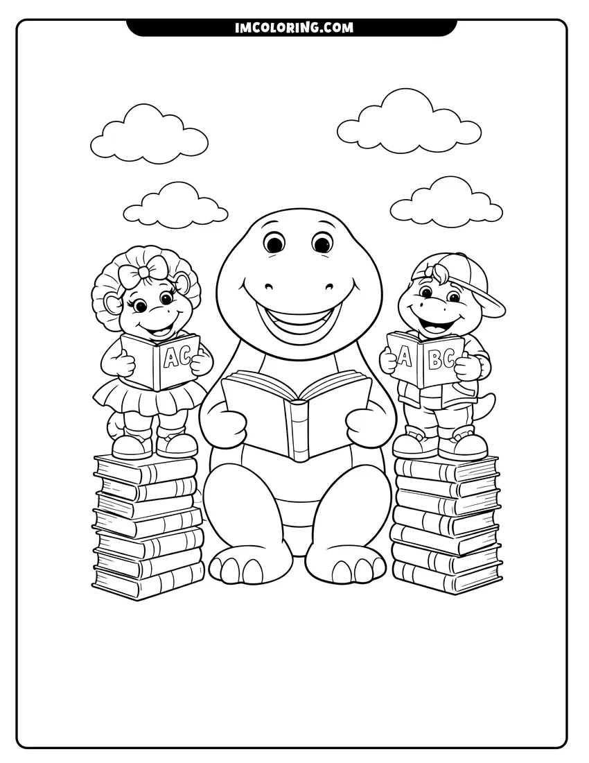 Barney, BJ, and Baby Bop reading alphabet books drawing meant for coloring
