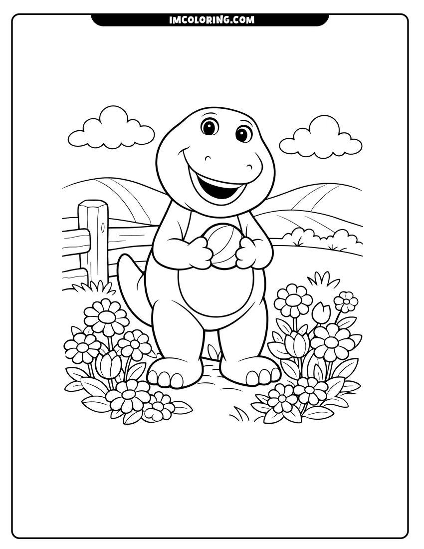 Cute Barney standing in a flower garden outline for coloring