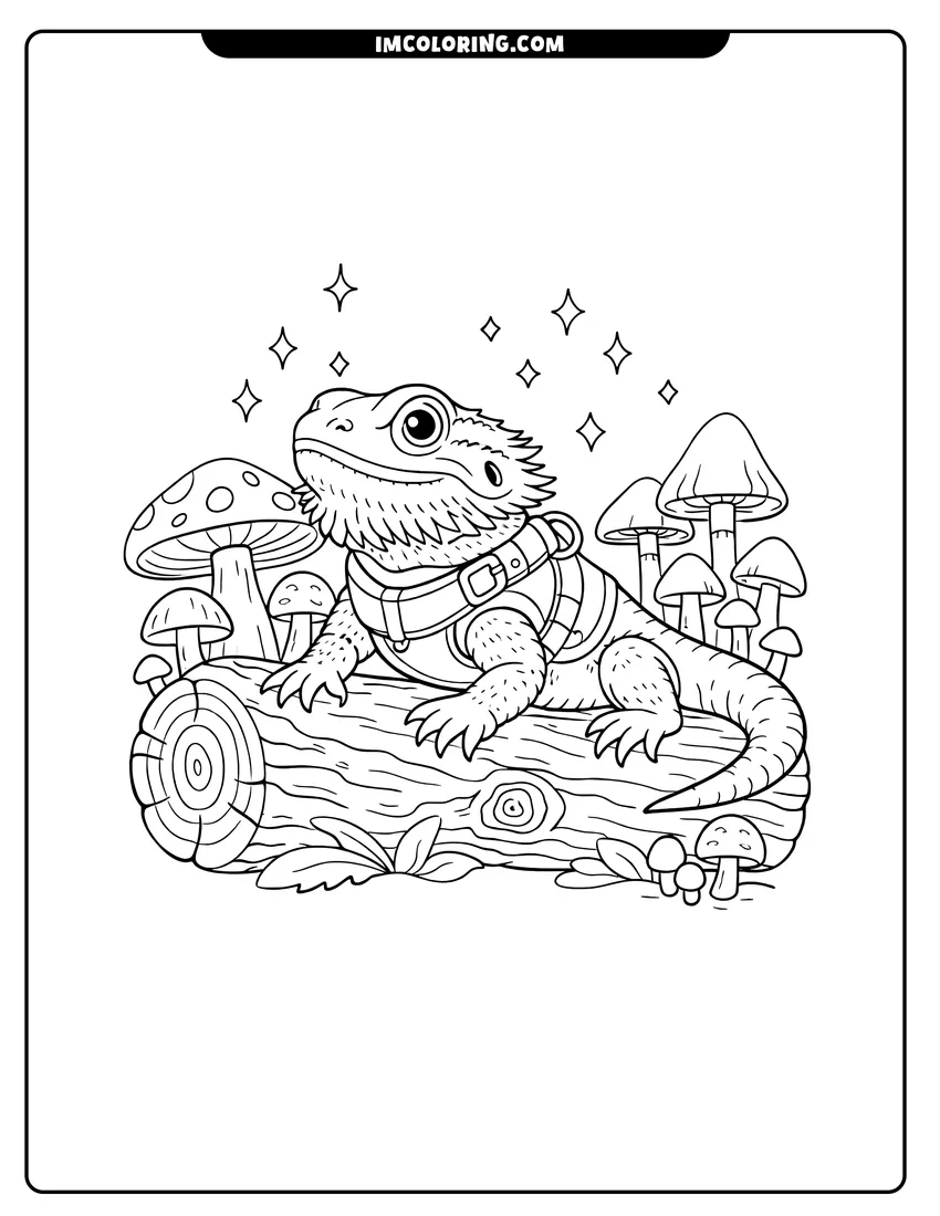 Printable coloring page featuring Bearded dragon in a harness on a mushroom log