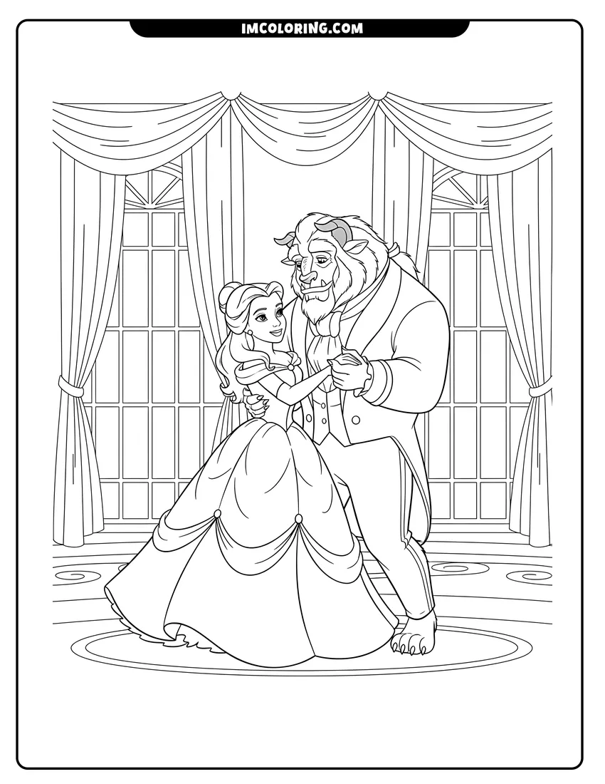 Printable Belle and the Beast dancing by large ballroom windows coloring activity