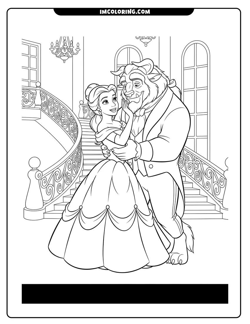 Kawaii style Belle touching the Beast's face in the ballroom coloring picture