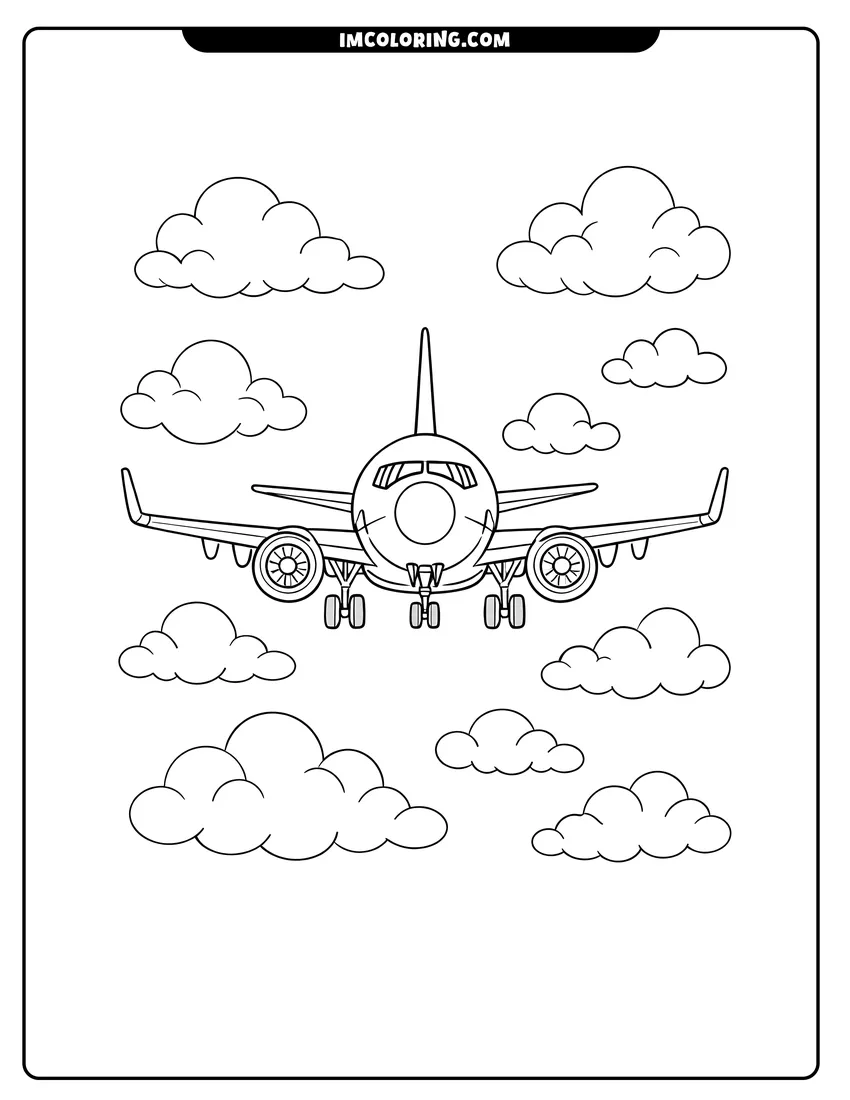 Black and white Boeing 737 passenger jet landing with gear down coloring sheet