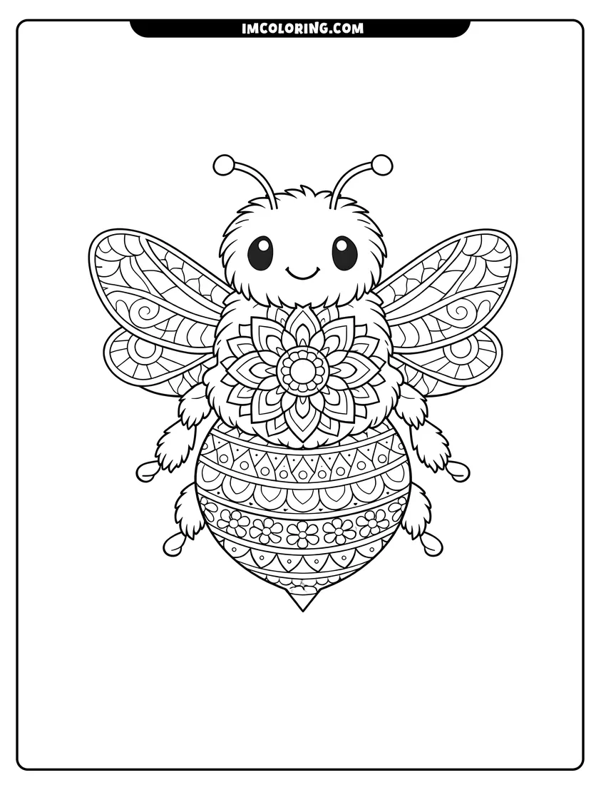 Illustration of Fuzzy bee with geometric mandala patterns on its body ready for painting