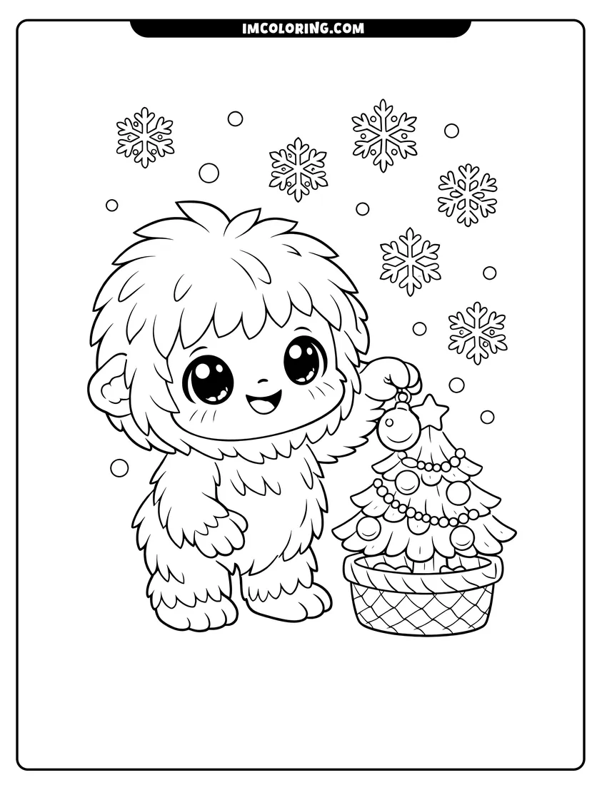 Outline of Happy chibi Yeti decorating a small Christmas tree on a white background