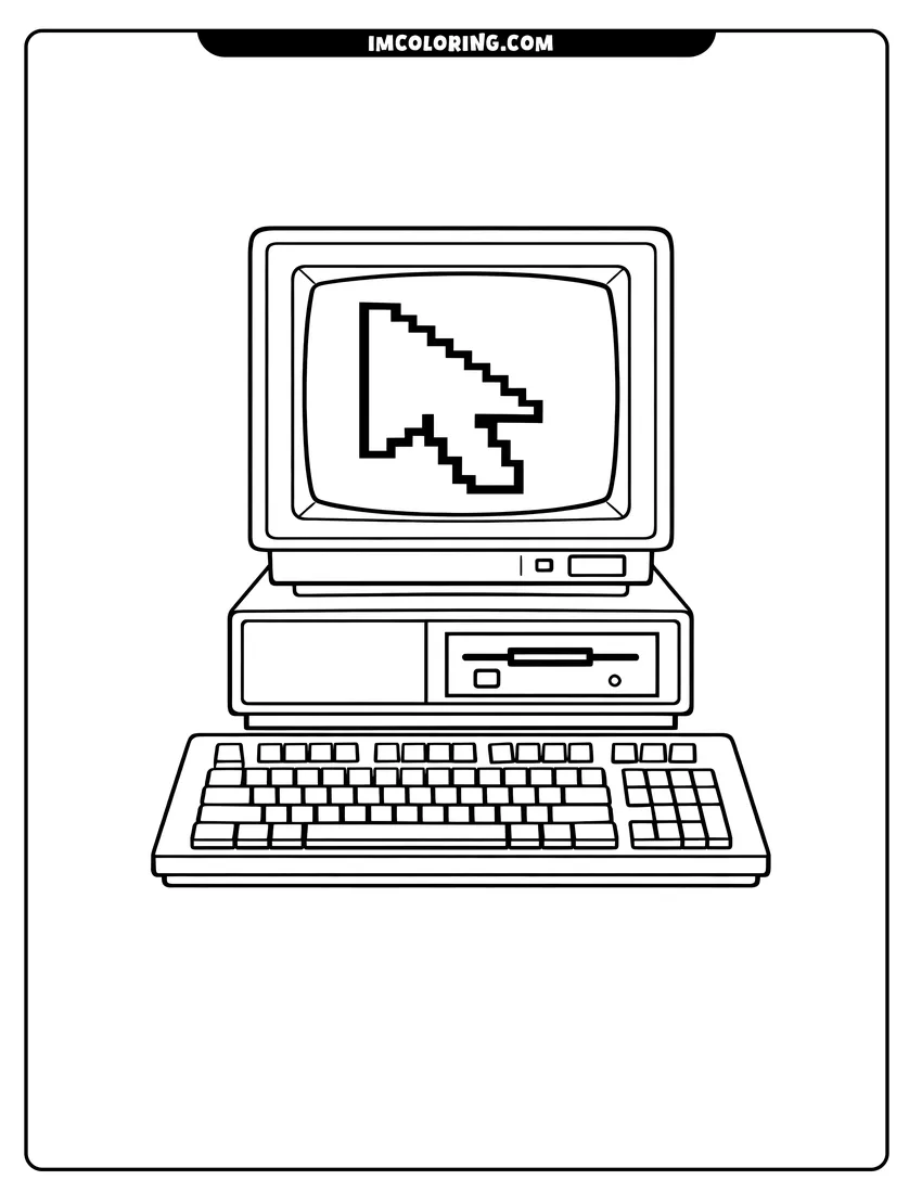 Printable Vintage 80S computer with monitor and keyboard coloring activity