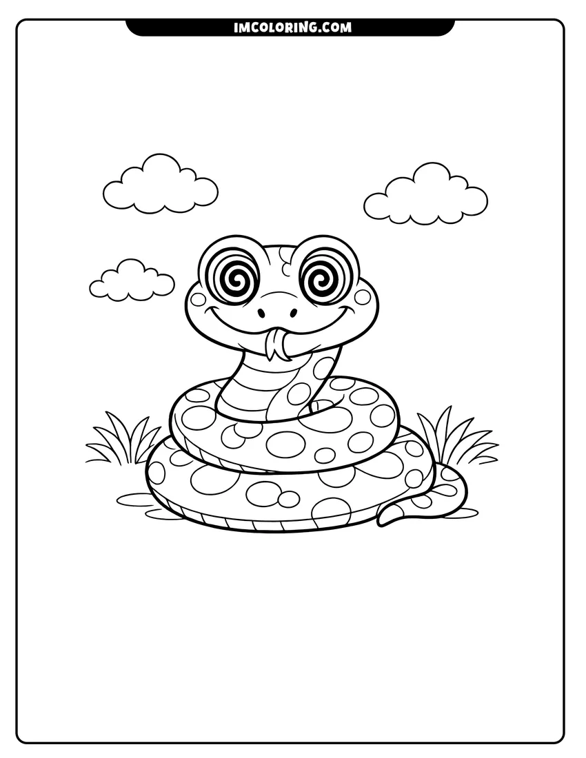 Cartoon Anaconda with swirly eyes coiled on grass drawing meant for coloring