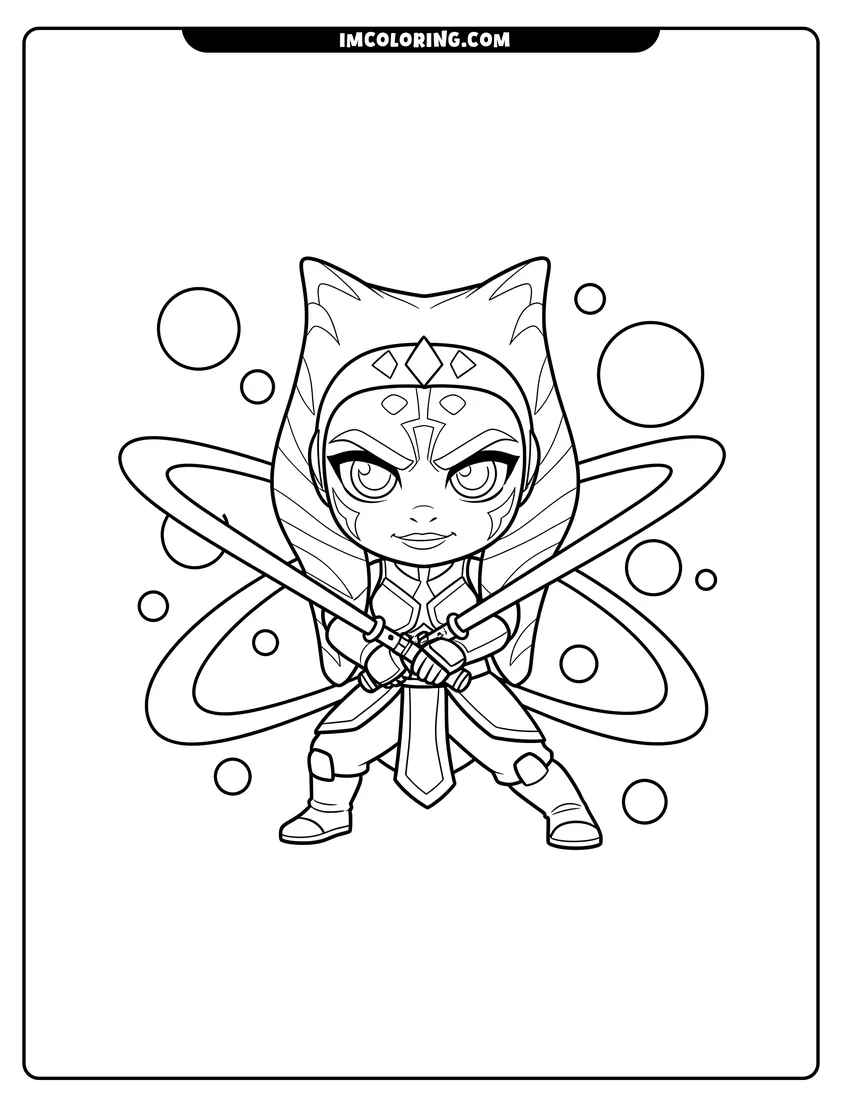 Printable coloring page featuring Chibi Ahsoka Tano in a fighting pose
