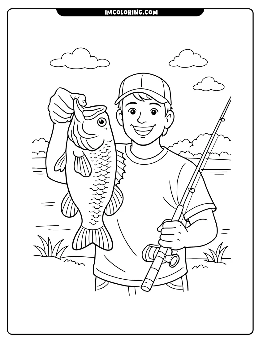 Outline of Smiling fisherman holding a large bass by a lake on a white background