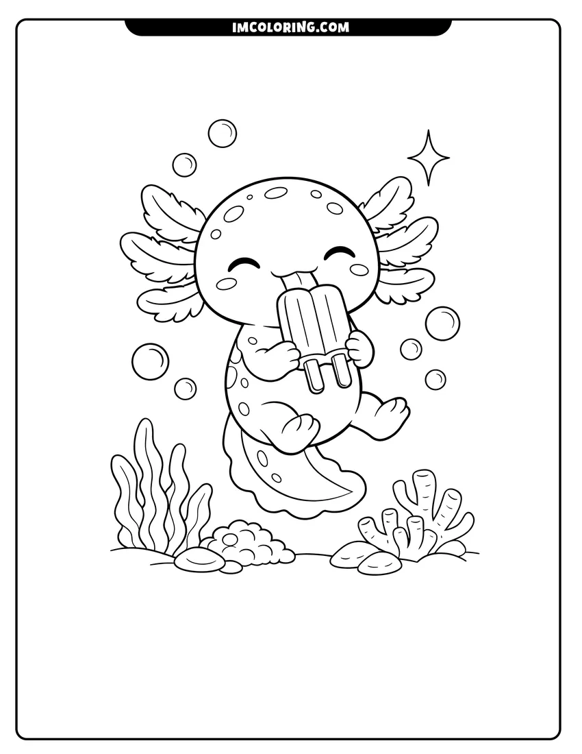 Simple line drawing of Happy axolotl eating a popsicle underwater