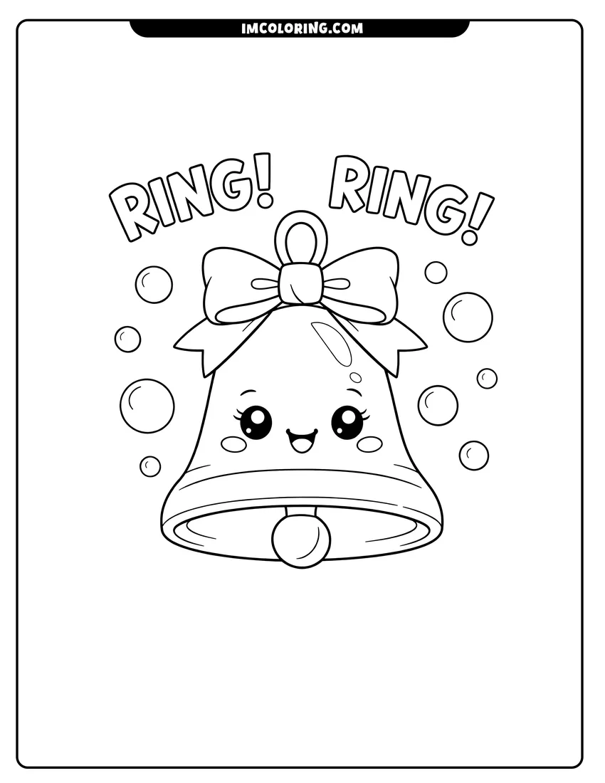 Outline of Happy bell with kawaii face and Ring Ring text on a white background