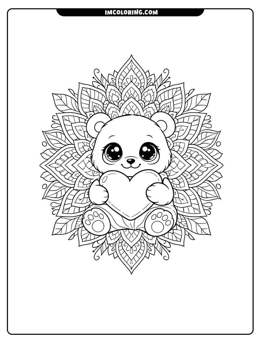 Kawaii style Sweet panda hugging a heart inside a floral mandala coloring picture