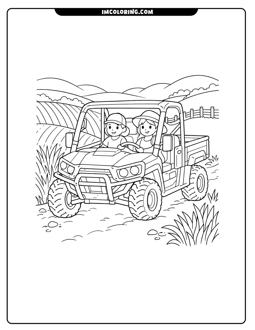 Easy-to-color Farm UTV on a dirt path in a valley illustration