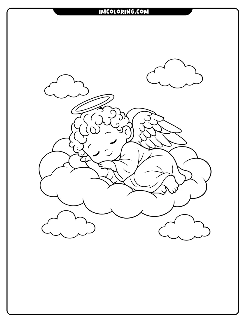 Simple line drawing of Baby angel sleeping peacefully on a fluffy cloud