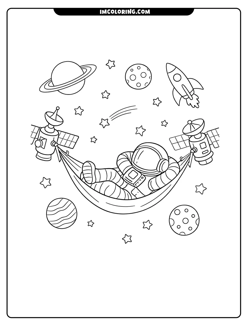 Scene showing Astronaut relaxing in a hammock between two satellites to color