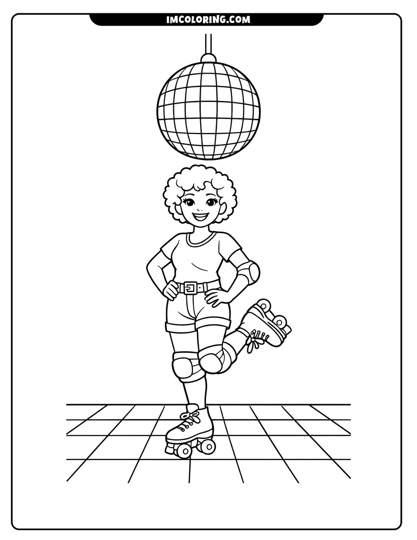 Easy-to-color 80S girl skating under a disco ball illustration