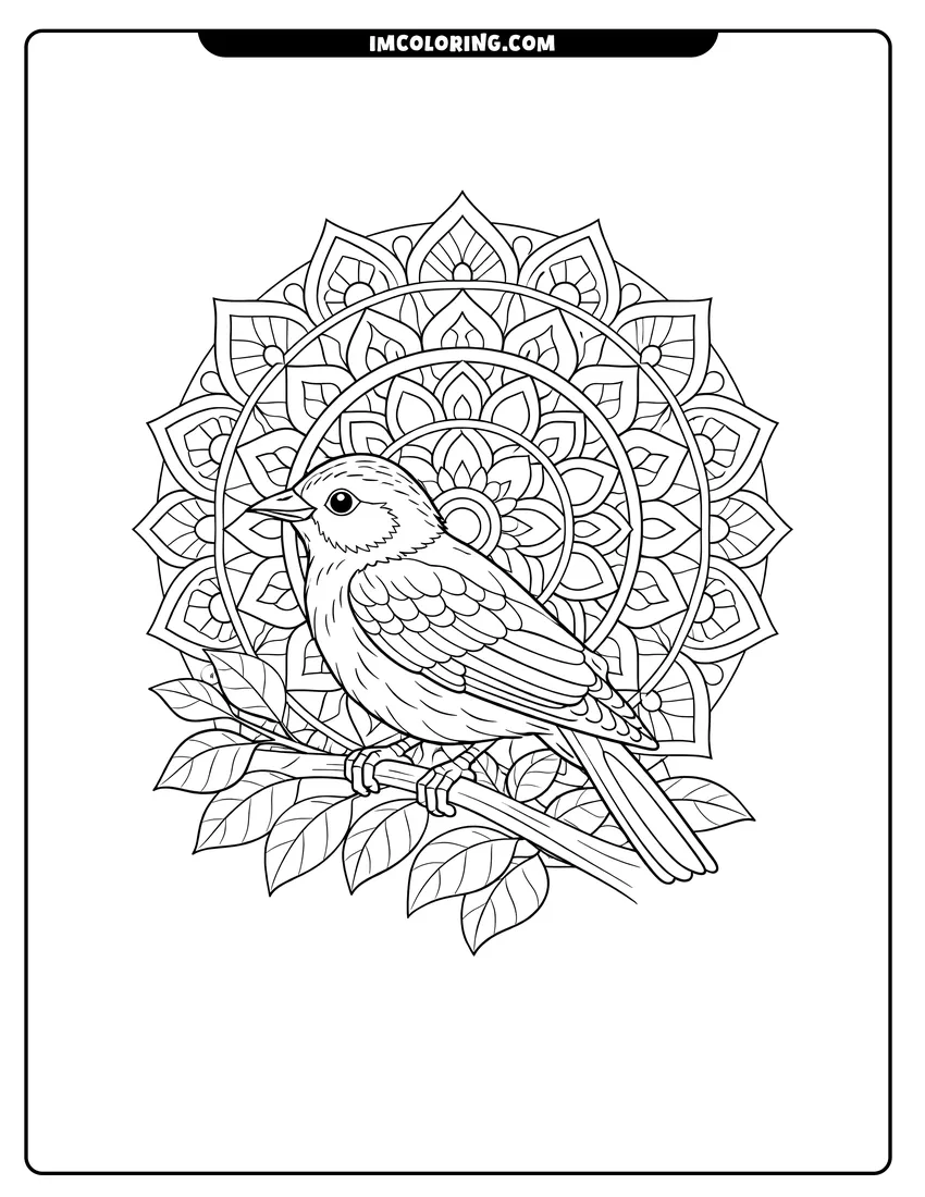 Cute Realistic songbird centered in front of a circular mandala outline for coloring