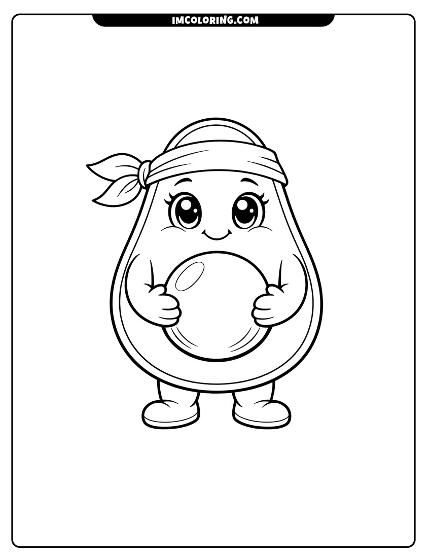 Easy-to-color Sporty avocado character wearing a bandana headband illustration