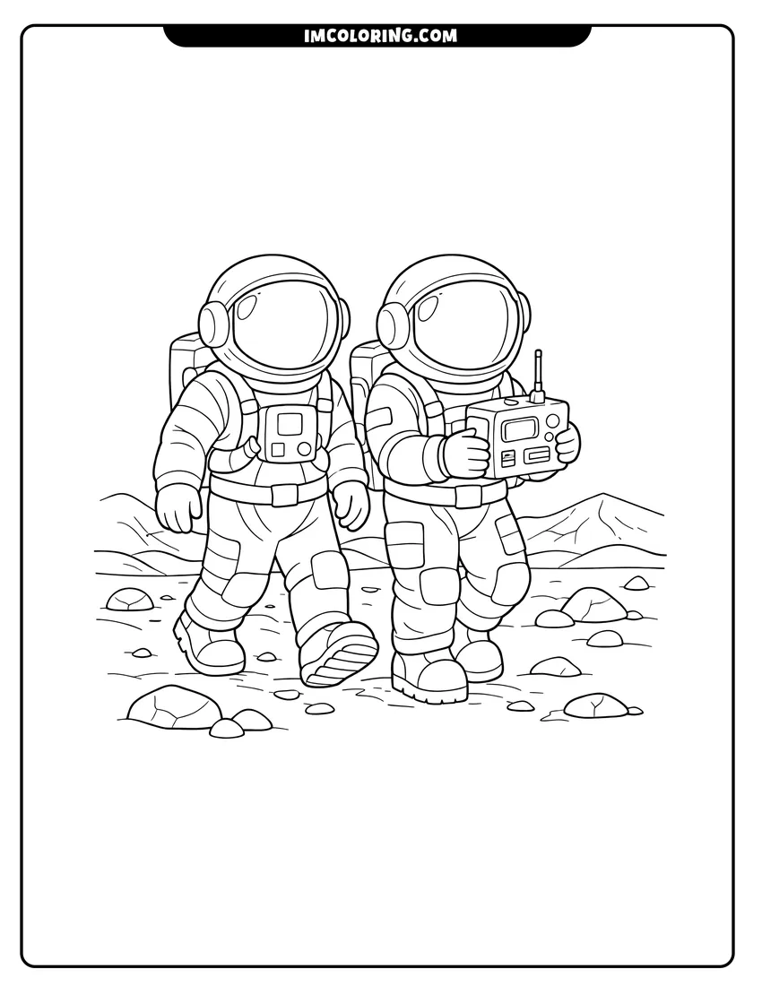 Illustration of Two astronauts walking on the surface of Mars ready for painting