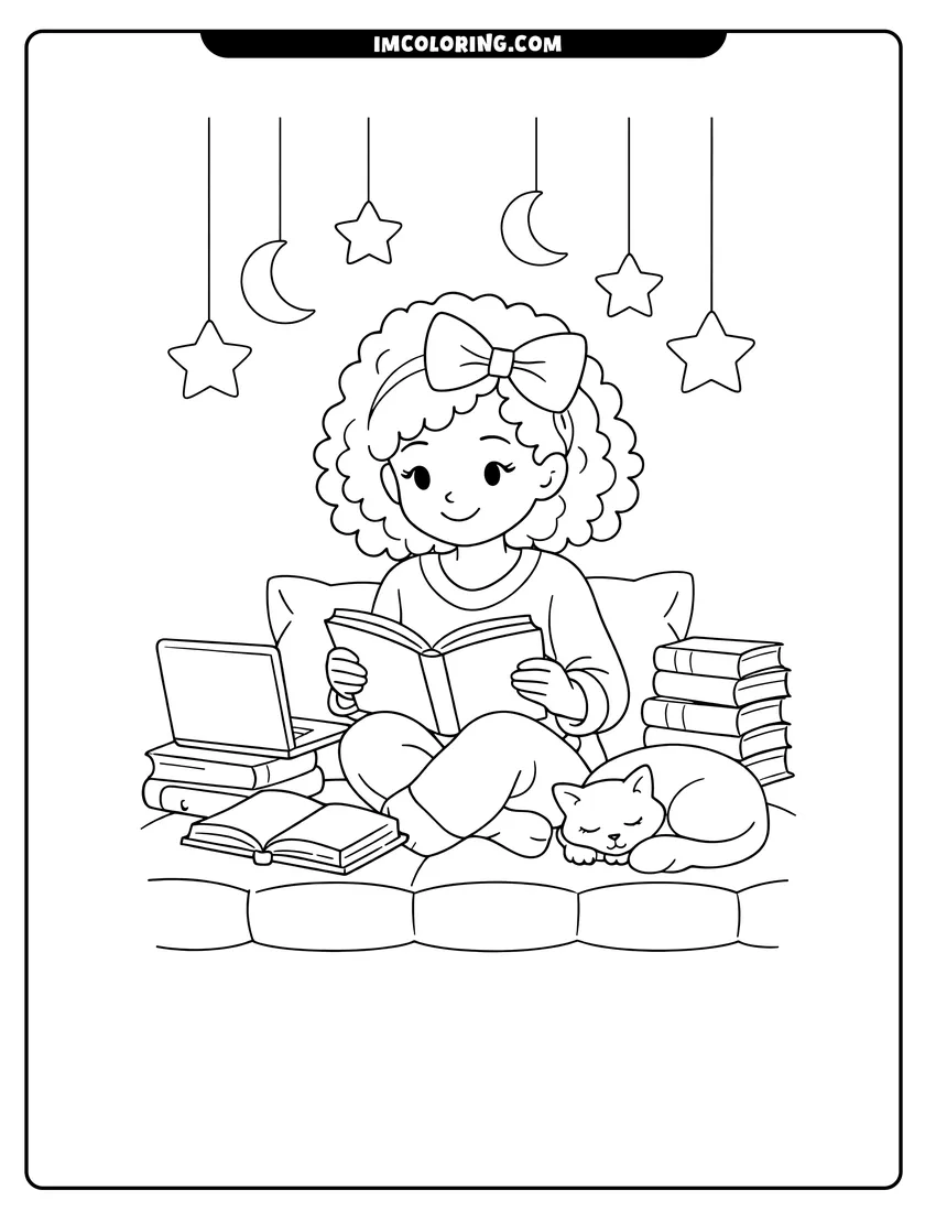 Cute Woman reading on a bedroom window seat outline for coloring