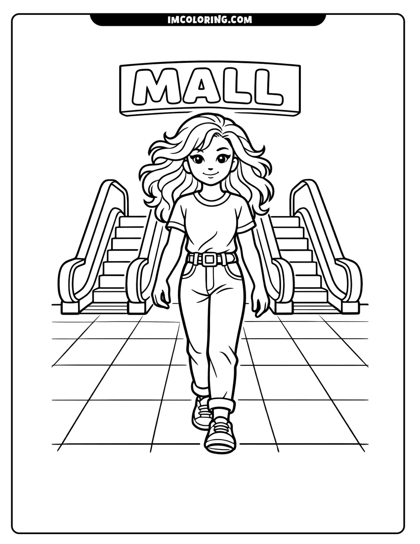 Cute 80S teen girl walking in a mall outline for coloring
