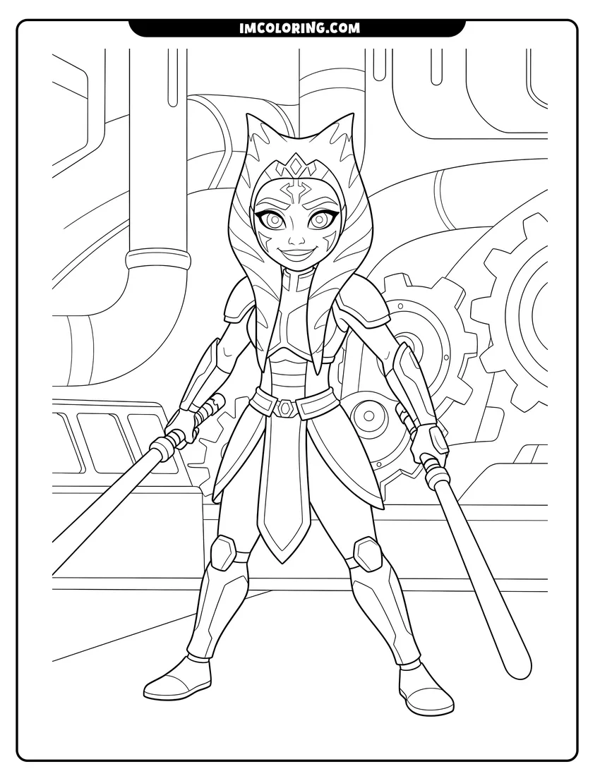 Cute Ahsoka Tano smirking in a futuristic environment outline for coloring