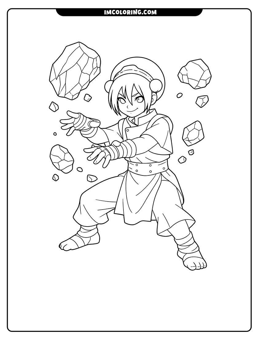 Simple sketch of Toph smiling with floating rocks for children