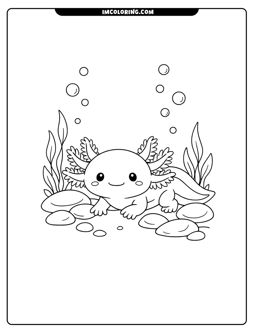 Simple line drawing of Content axolotl crawling on the ocean floor