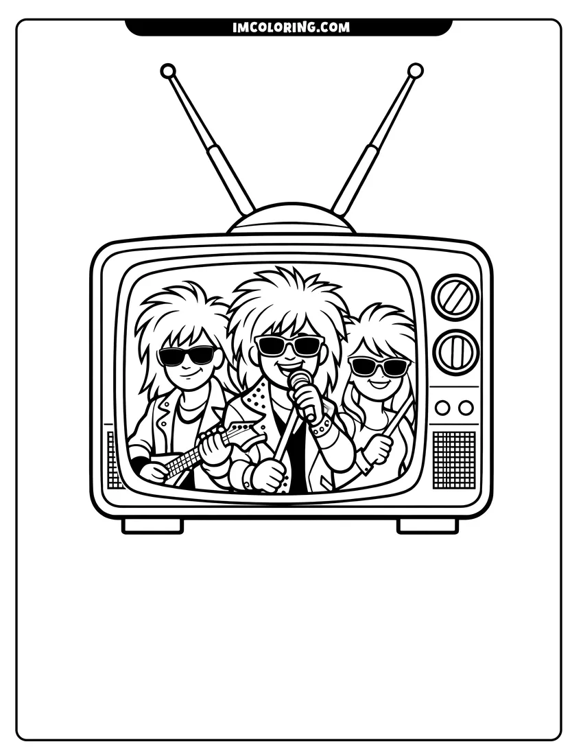 Illustration of 80S rock band inside a television screen ready for painting