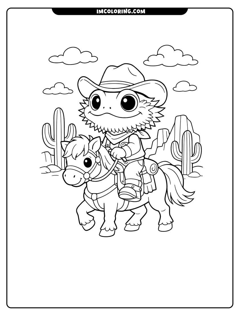 Black and white Bearded dragon wearing a cowboy hat riding a horse coloring sheet