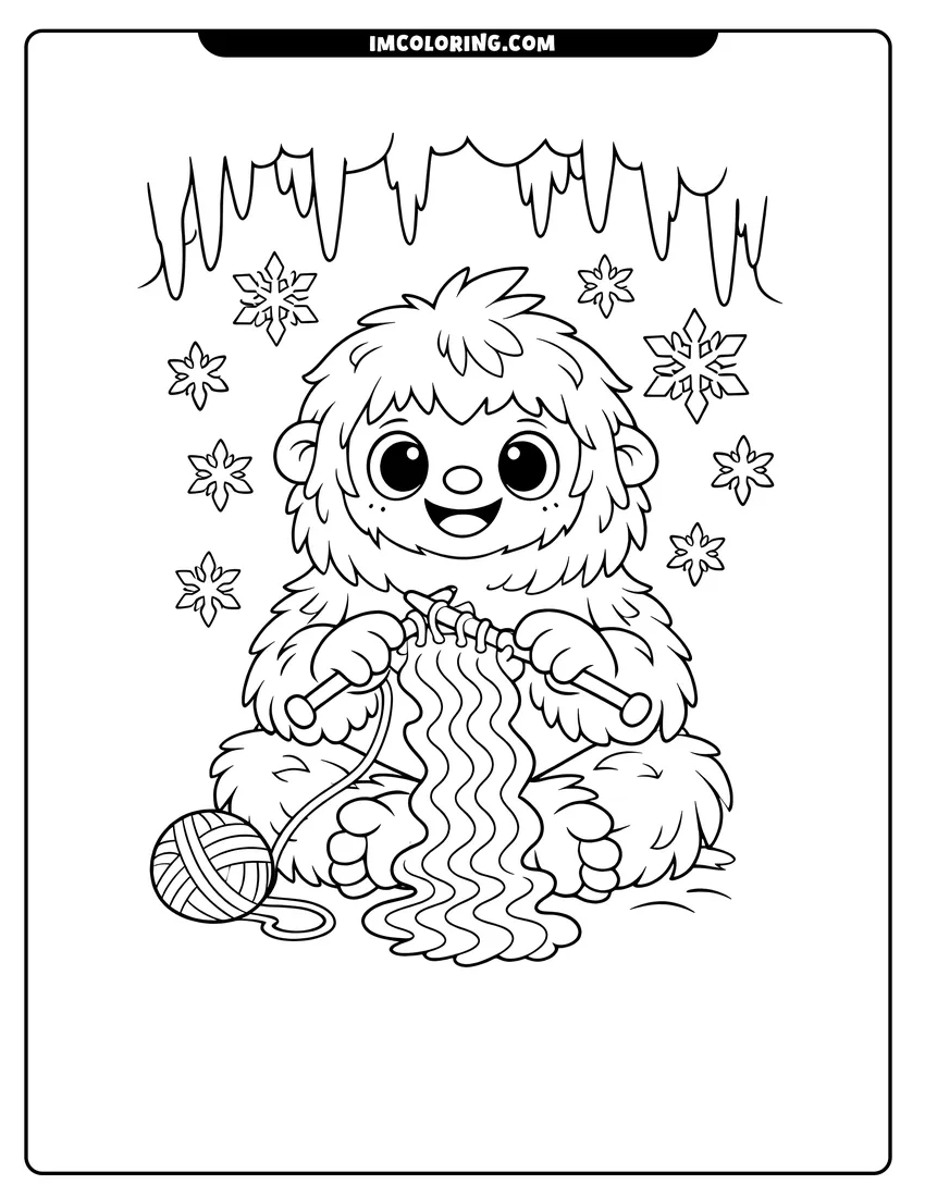 Printable outline of Cheerful fluffy Yeti knitting a scarf inside ice cave